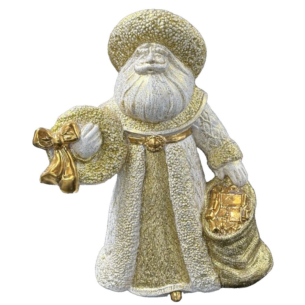 Vintage Ceramic Gold and White Santa Holding Wreath and Toy Bag 9.5 inch Tall